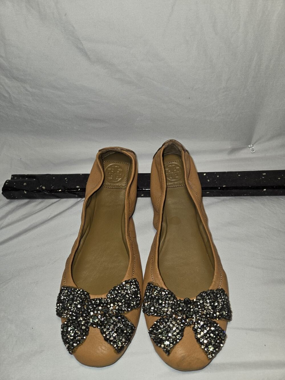 Tory Burch Eddie Black Leather Rhinestone Bow Ballet Flats Size 10 Butter Soft - Picture 1 of 8